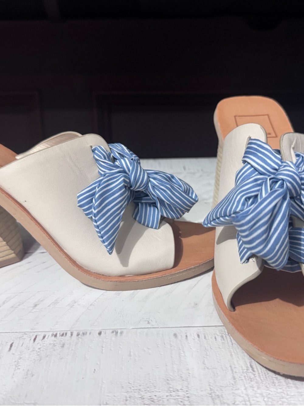 Dolce Vita Cream Slide Mules with Blue Striped Bow - Picture 2 of 4